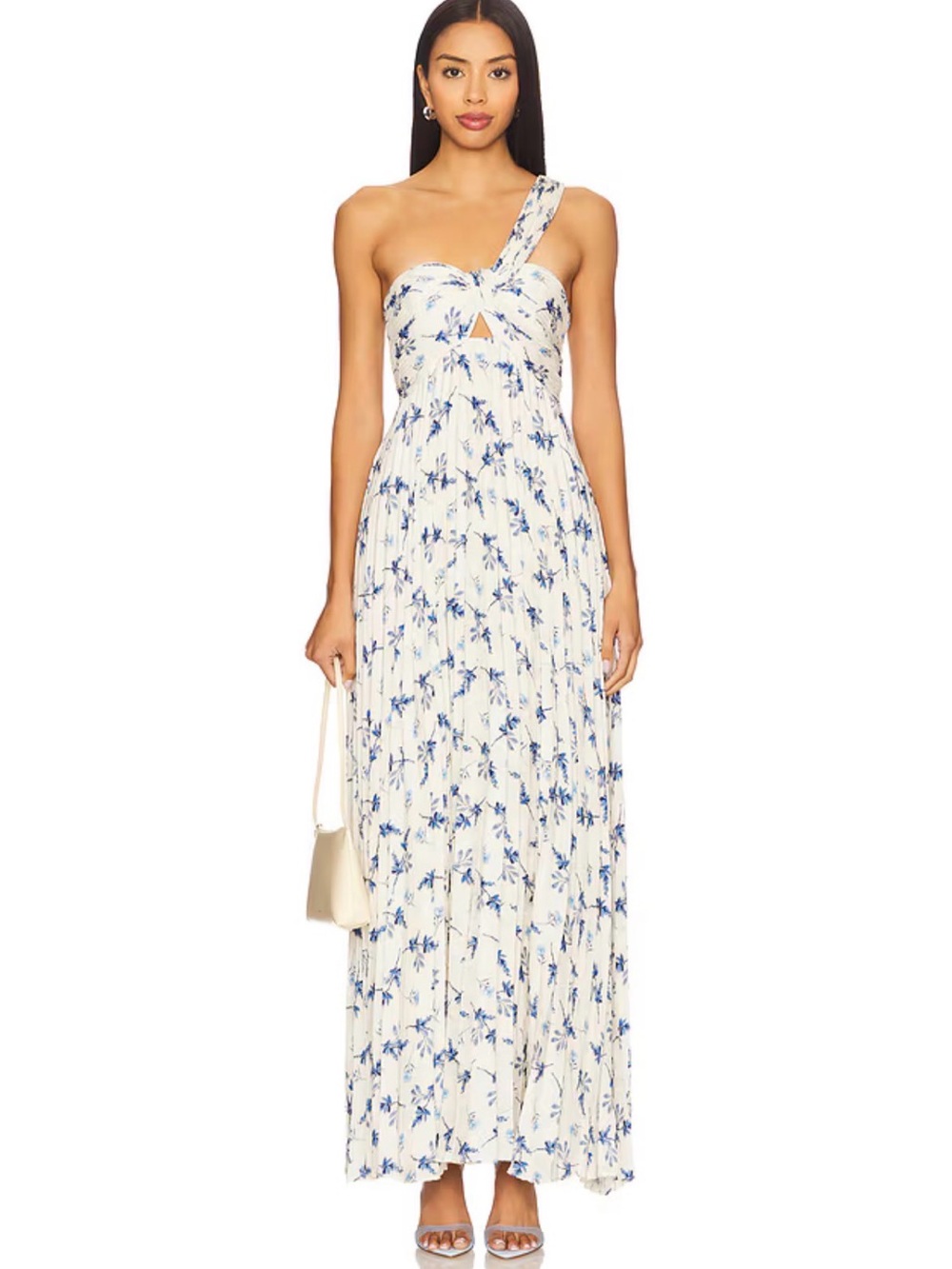 Astr Raysa One-Shoulder White Maxi Dress with Blue Floral Print